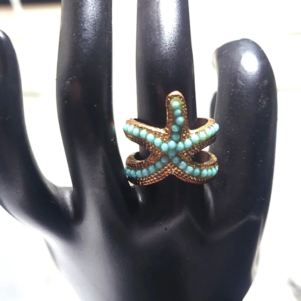 Turquoise Blue Brass Ocean Starfish Open End Ring